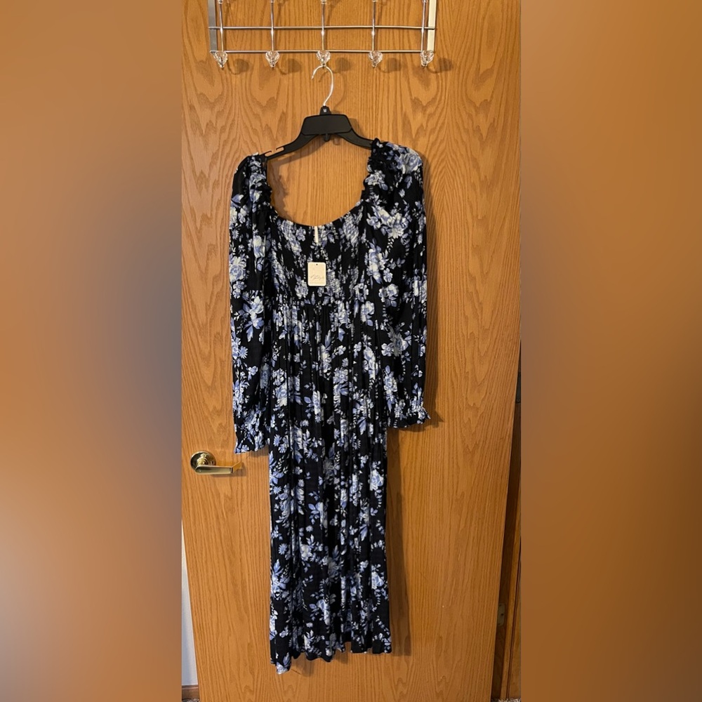 Free People Black Maxi Dress with Blue and White Floral Print